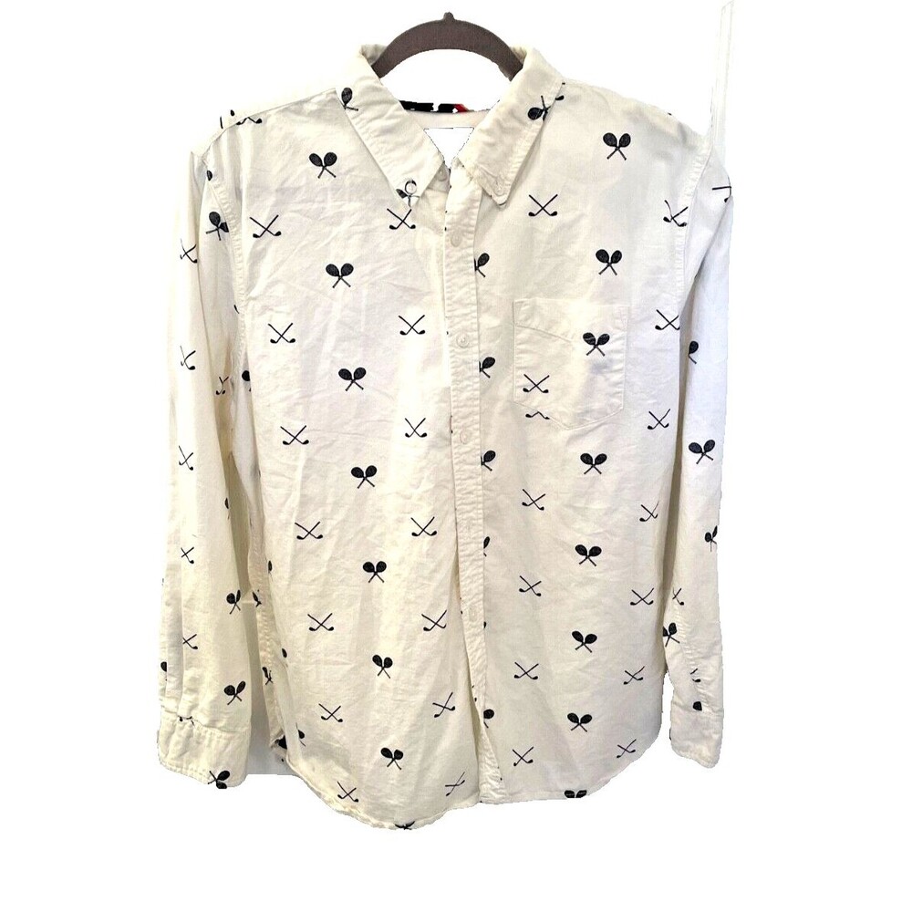 Jachs White Long Sleeve Cotton Button Up Shirt Golf Tennis Print Men's Size S